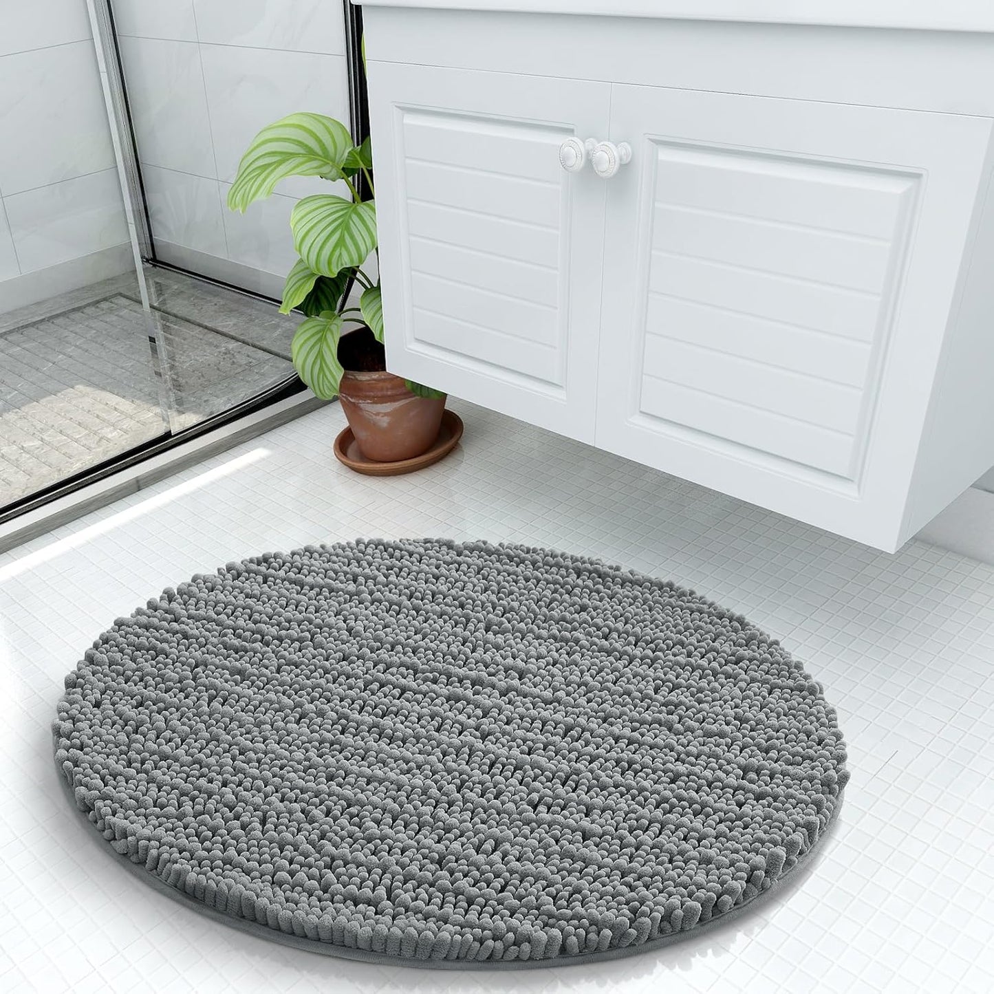 Arotive Luxury Round Chenille Bathroom Rug Mat, Extra Soft Thick Absorbent Shaggy Bath Rugs, Non-Slip Machine Wash Dry Plush Bath Mats for Bathroom, Shower and Tub, 24x24, Grey