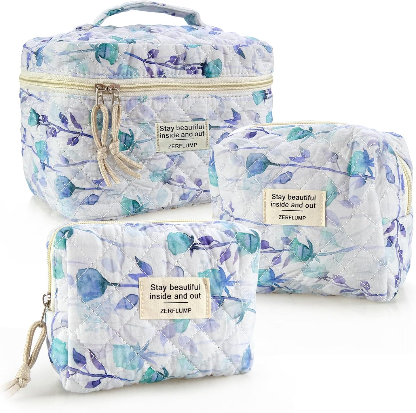 Cute Quilted Floral Makeup Bag(3Pcs)，Coquette Aesthetic Cosmetic Bag，Travel Toiletry Bags， Kawaii Aesthetic pouch for Women (2 - Long Branch Flower)