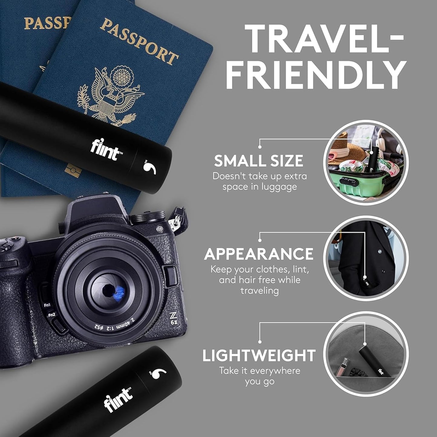 Flint Classic Black Retractable Mini Lint Roller with 30 Extra Sticky Sheets, Small and Portable Lint Roller, Ideal Pet Hair Remover, Travel Lint Rollers for pet Hair Extra Sticky