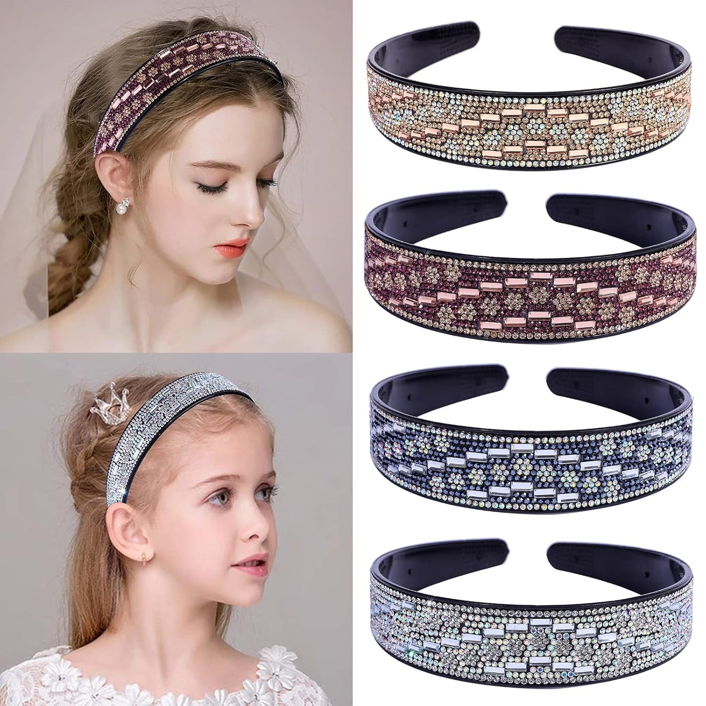 Rhinestone Headbands for Women Sparkly,4PCS Crystal Headband Non Slip Tooth Hair Bands Rhinestone Hair Hoop,Comfortable Daily Prom Party Head Accessories