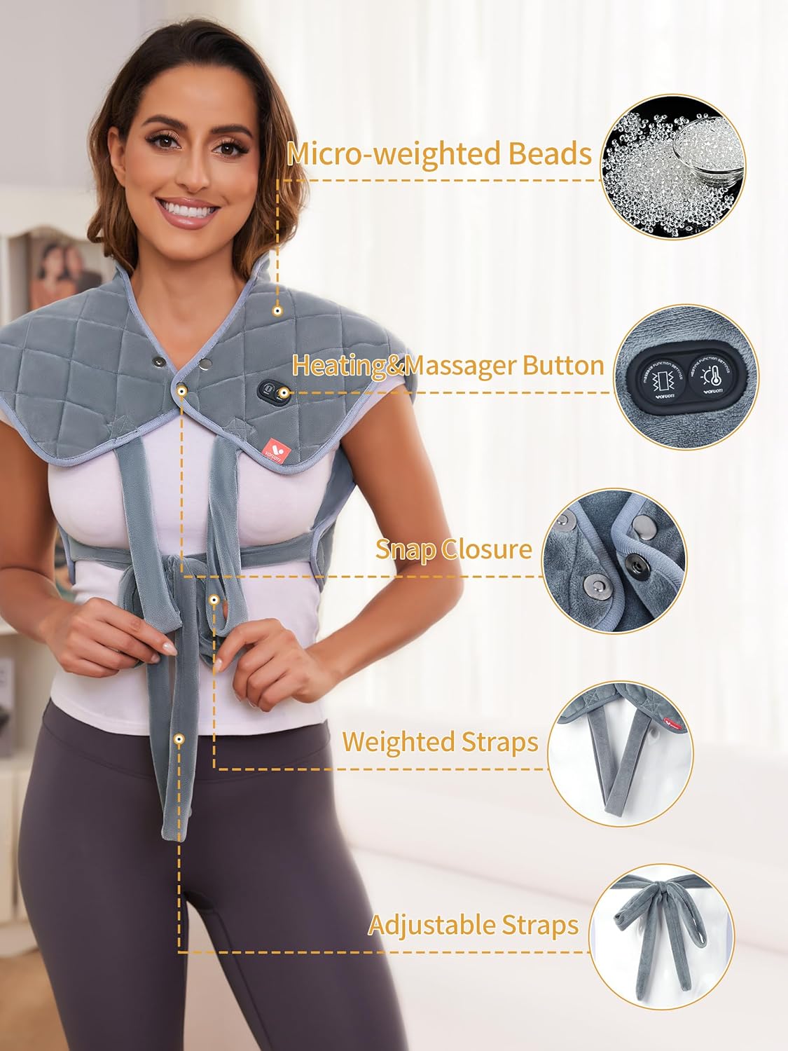 Vofuoti Heating Pad for Neck and Shoulders, Portable Cordless Heating Pad with Massager and Battery, Weighted Electric Heated Neck Shoulder Wrap, 16'' x 22'', 2.2lbs