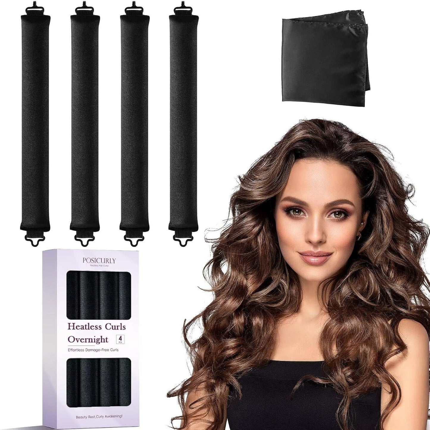 Heatless Curls Overnight Hair Curlers - 4 Pcs No-Heat Curling Rod to Sleep In,Velvet Hair Rollers with Satin Wrap