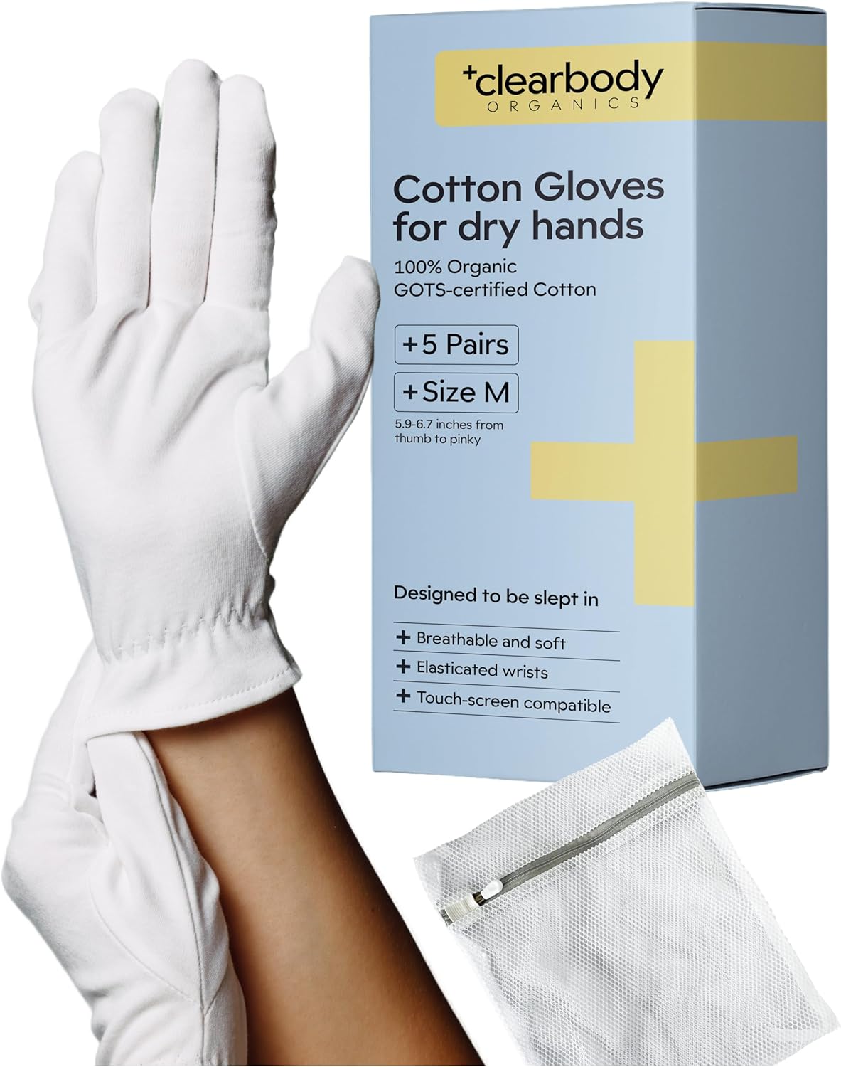 Clearbody Organics 100% Organic Cotton Gloves - 5 Pairs, Medium, White - Overnight Moisturizing White Gloves for Dry Hands