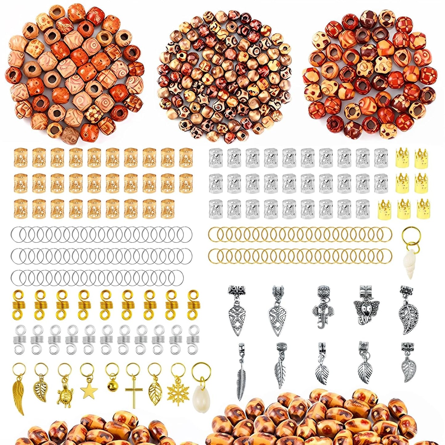 Hair Jewelry 400 PCS Hair Jewelry for Braids Loc Jewelry for Hair Dreadlock Metal Gold Silver Clips Shells Imitation Wood Beads Hair Charms Women Decoration Hair Accessories Dreadlock Beads Women