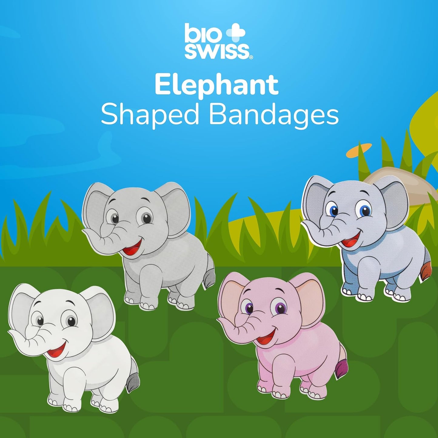 BioSwiss Kids Bandages, Elephant Shaped Self Adhesive Bandage, Latex Free, Sterile Wound Care, 50 Count