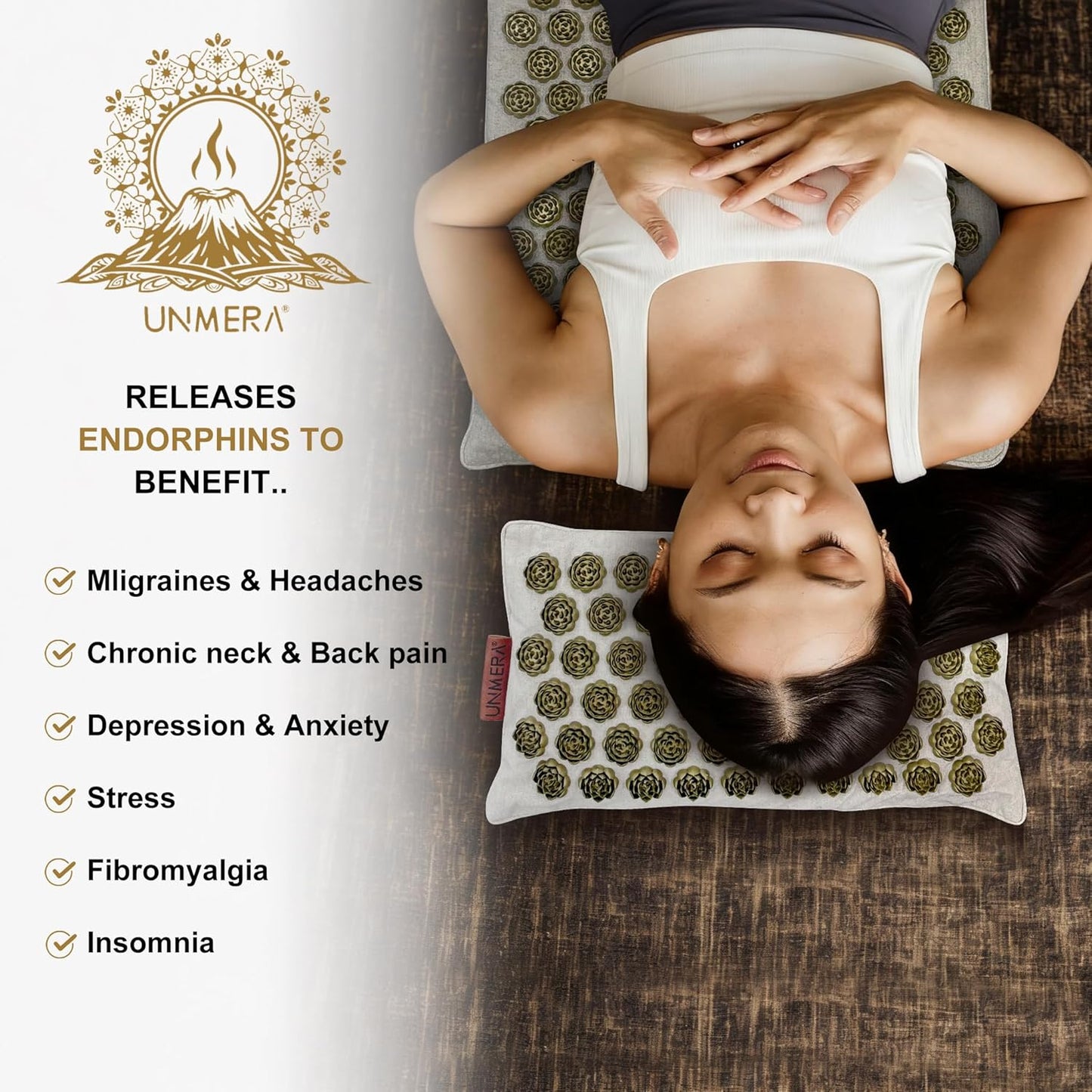 UNMERA Acupressure Mat and Pillow Set/Flower Spikes-Volcanic Stone Heating Back/Neck Pain Relief,Spa-Like Relaxation, Eco Linen, Includes Bag