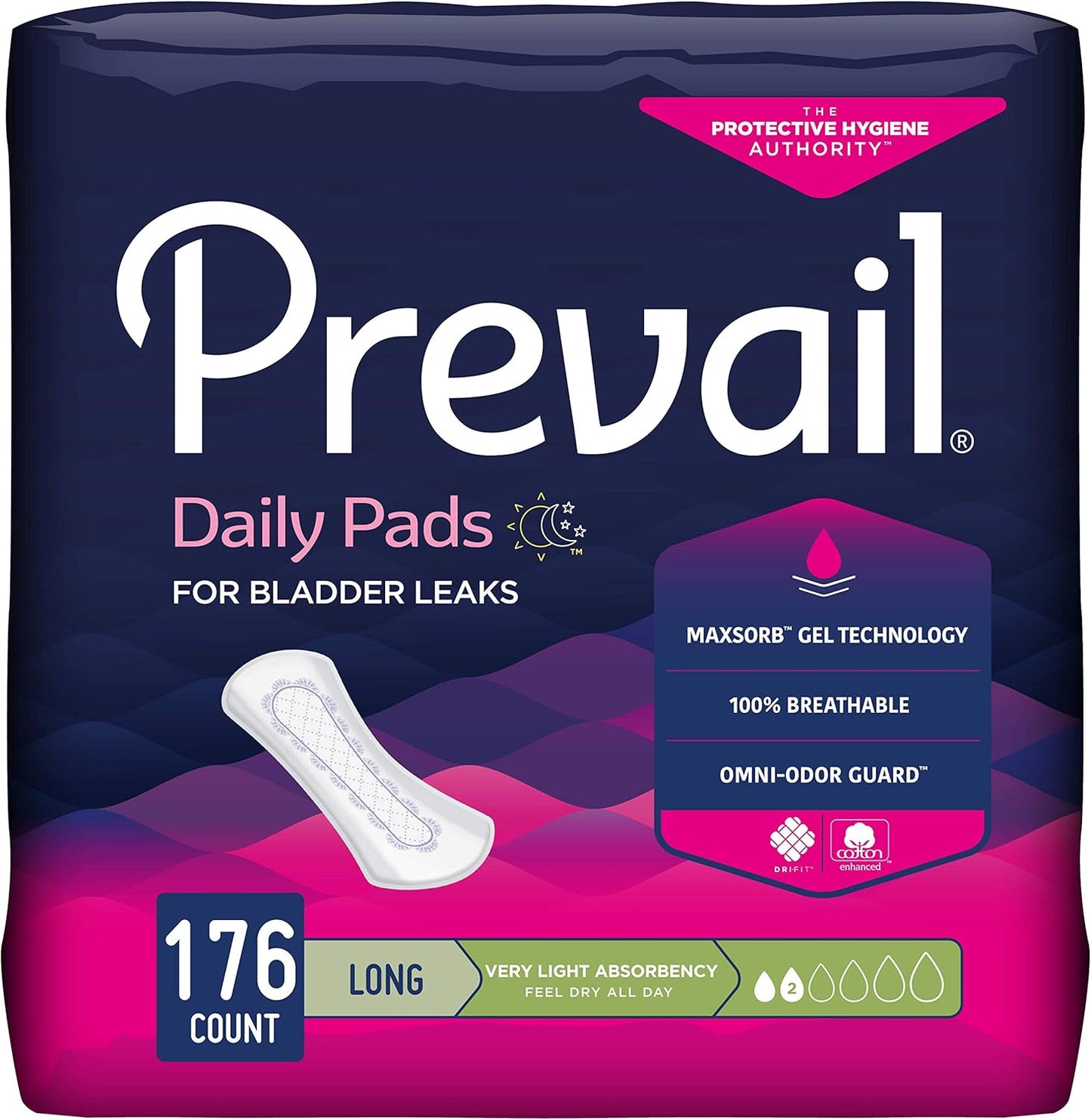 Prevail Proven - Prevail Incontinence Bladder Control Pads - Bladder Leak Pads - Very Light Absorbency, Long, 176 Count (4 Packs of 44)