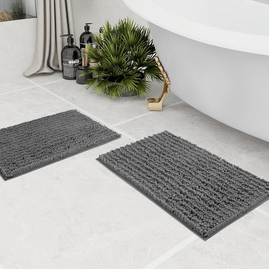 Walensee Bathroom Rug 2 Pieces Set Non Slip Bath Mat (17x24 Plus 20x32 Inch Grey/Gray) Water Absorbent Super Soft Shaggy Chenille Machine Washable Dry Extra Thick Perfect Carpet for Shower Floor