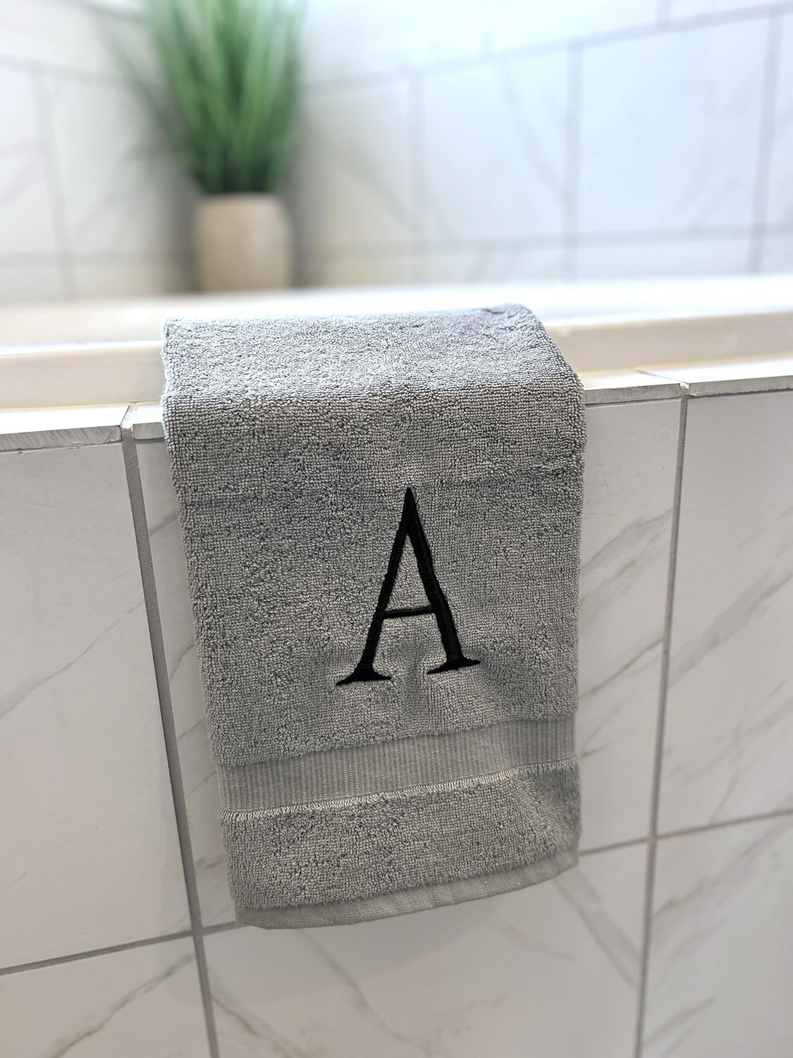 Gray Initial Hand Towel for Bathroom - Monogrammed Luxury Hotel Quality Decorative Embroidered Towel for Powder Room, Spa - GOTS Organic Certified - Set of 2 Black Letter L