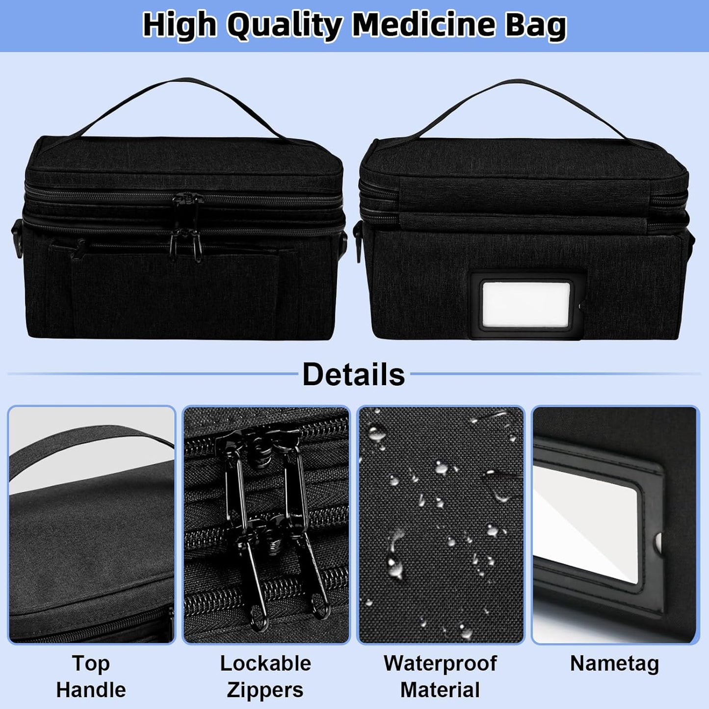 Medicine Bag for Traveling with Portable Small Pouch, Double Layer Pill Bottle Organizer Storage Case with Lockable Zippers, Carrying Medication Travel Case with Shoulder Strap (BAG ONLY) Black