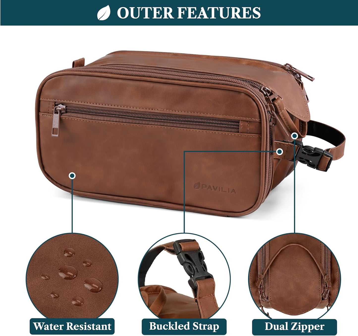 PAVILIA Toiletry Bag for Men Women, Mens Travel Bag Toiletries Organizer Case for Grooming, Travel Essentials Shaving Dopp Kit, PU Leather Water Resistant Cosmetic Pouch, Brown