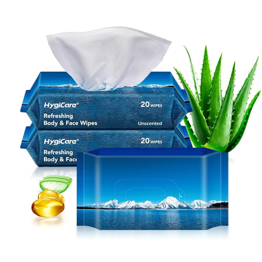 Bamboo Body & Face Wipes for Adults Bathing No Rinse, Shower Wipes 60 Count, 12"x8" Extra Thick, Unscented, Biodegradable Disposable Washcloths for Travel, Elderly, Car, Gym, Camping