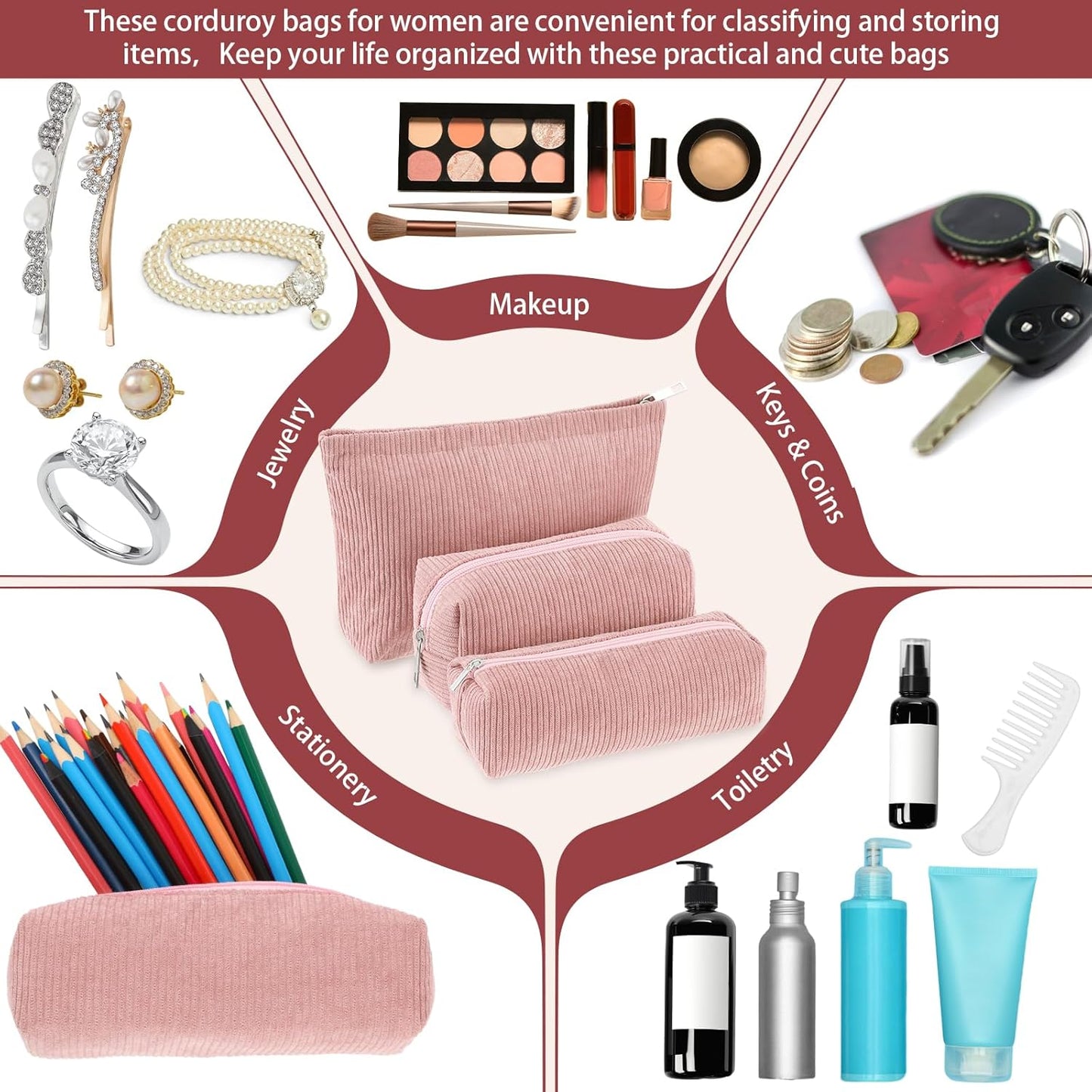 3 Pcs Makeup Bag Set for Women Corduroy Cosmetic Pouch Aesthetic Smile Travel Toiletry Bag Cute Purse Pouch Pencil Case Makeup Brushes Storage Organizer for Christmas(Pink,Solid Style)