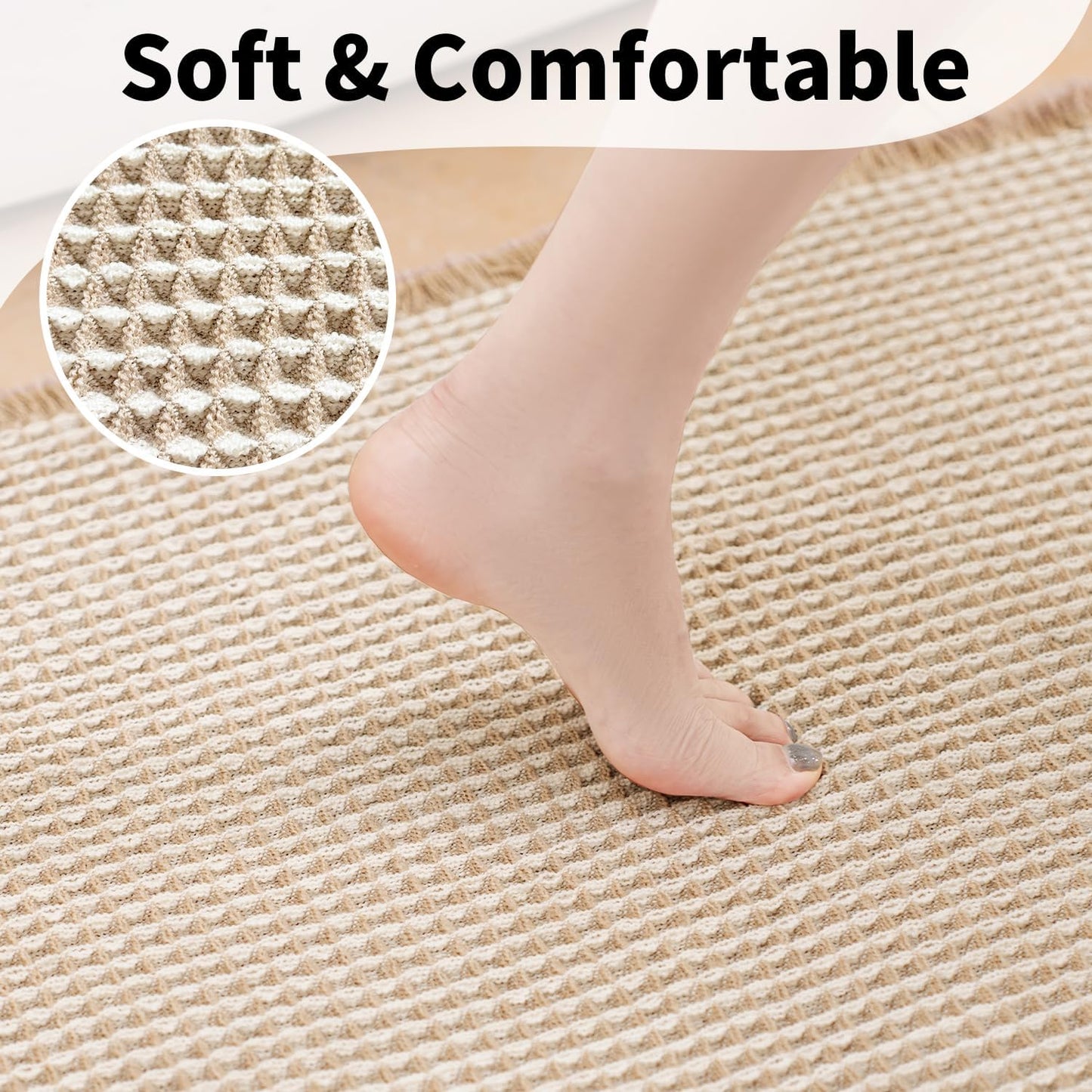 Waffle Bath Mat - Boho Bathroom Rugs Non Slip Washable, Super Absorbent & Quick Dry, Small Bath Mats Farmhouse Bathroom Decor, 18'' x 30'', Khaki and White