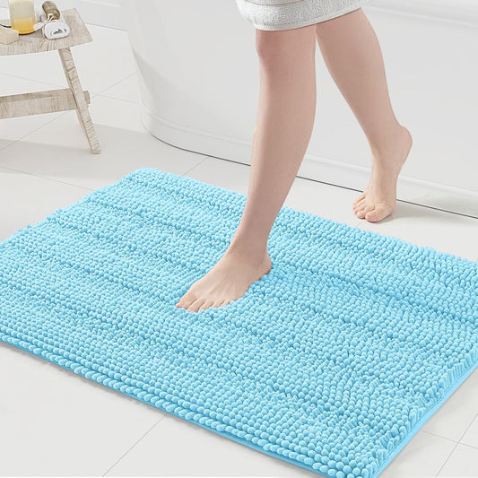 Grandaily Chenille Striped Bathroom Rugs 36x24, Extra Thick and Absorbent Bath Mats, Non-Slip Soft Plush Shaggy Shower Carpet, Machine Wash Dry, Bath Rug for Bathroom, (Large, Blue)