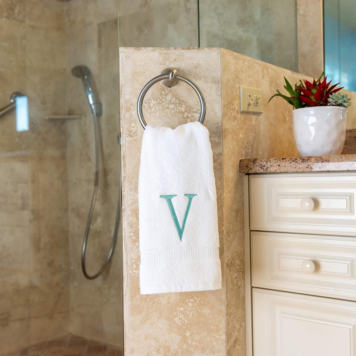 Teal Initial Hand Towel for Bathroom - Monogrammed Luxury Hotel Quality Decorative Embroidered Towel for Powder Room, Spa - GOTS Organic Certified - Pack of 2, Letter V