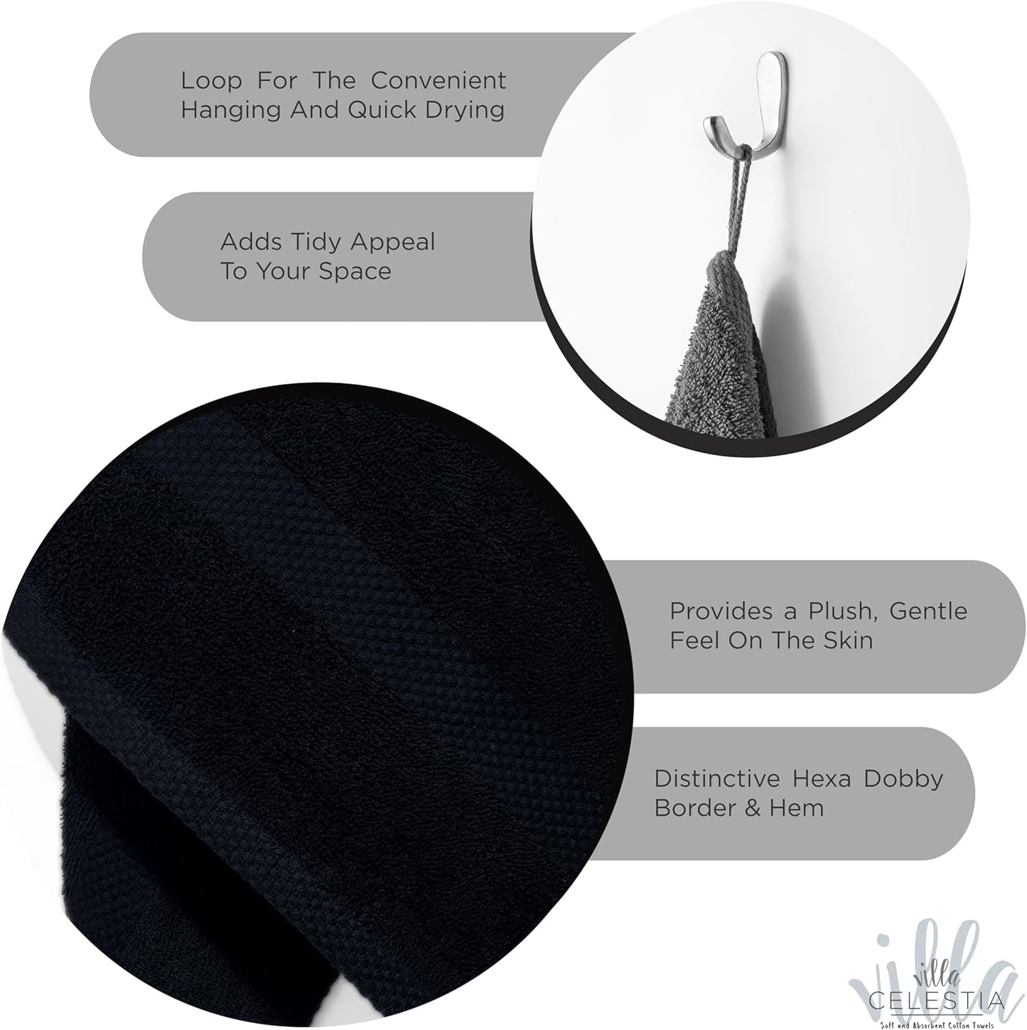 100% Cotton Bath Towel Set of 24-6 Bath Towels, 6 Hand Towels, 12 Wash Cloths, Sustainable, Soft, Highly Absorbent, Combed Cotton 24 Piece Set for Hotels, Spa, Bathroom, Dorm, Black