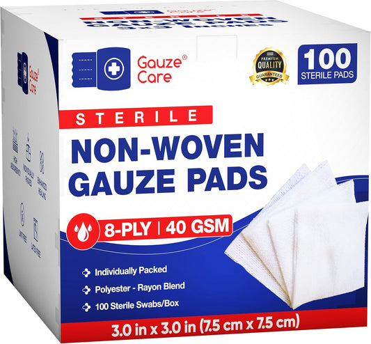 Non-Woven Sterile Gauze Pads 3x3 Pack of 100| 8-ply Gauze Sponges| Individually Packed 3x3 Gauze Pads sterile| Soft and lint-Free Medical Gauze Pads for Enhanced Absorption and First-Aid Wound Care