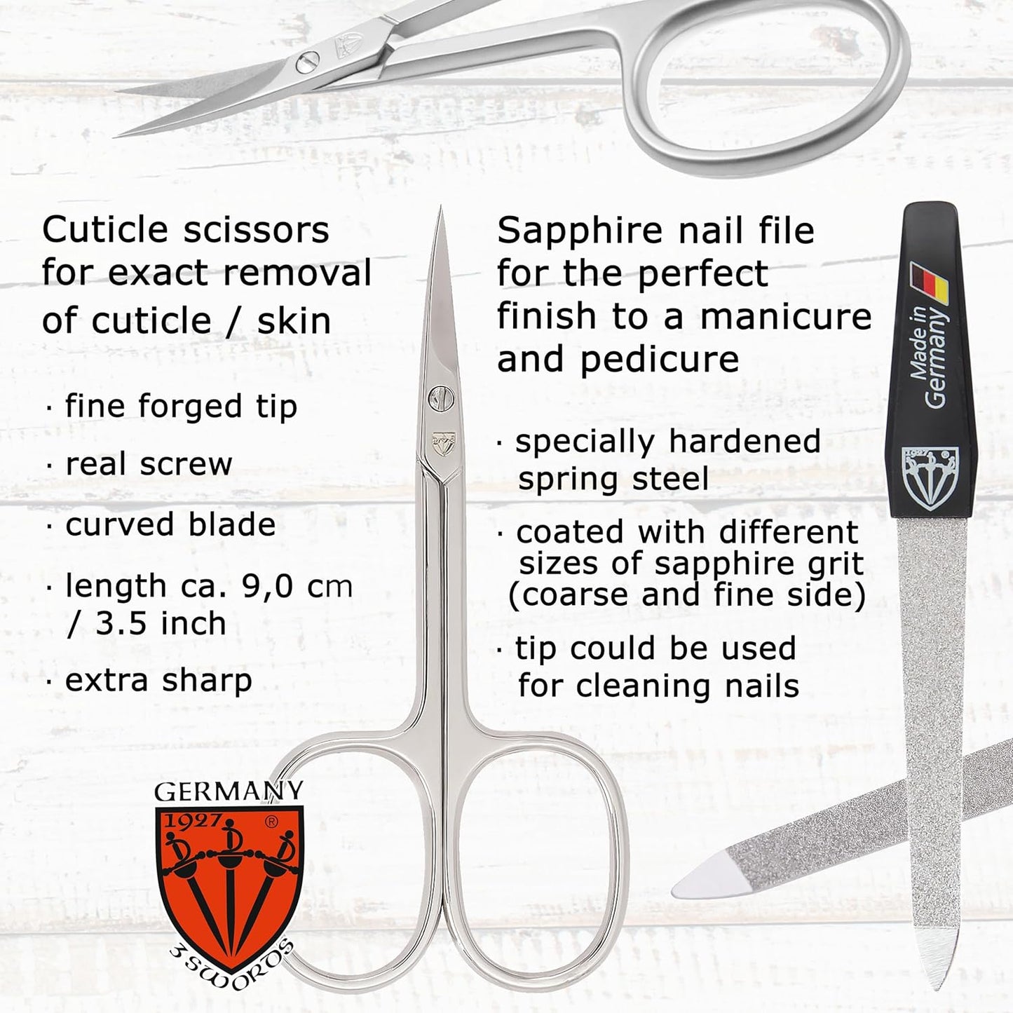 3 Swords Germany - Brand Quality 6 Piece Manicure Pedicure Grooming kit Set - Scissors, Metal and Glass Nail File, Clipper, Tweezers with Synthetic Leather case - Chequered