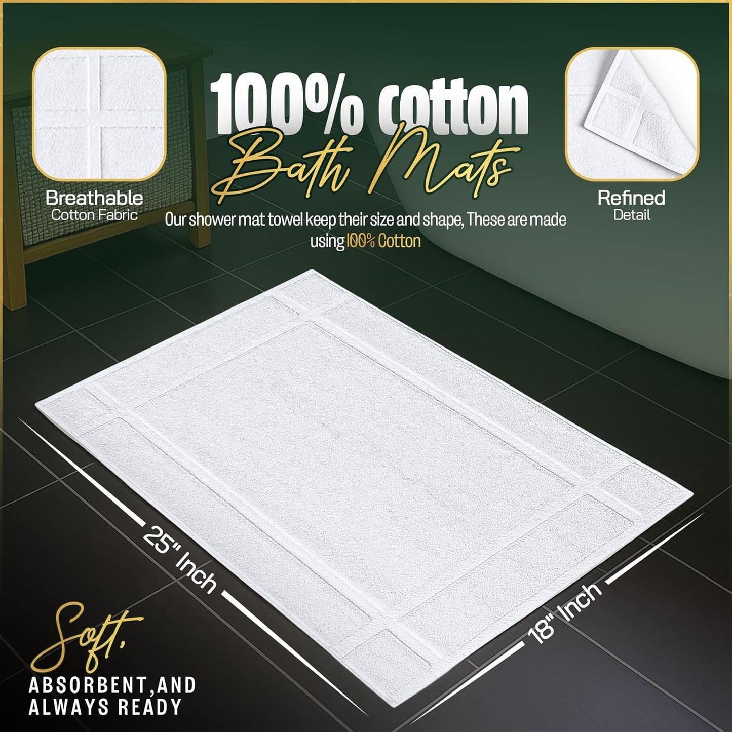 Pearl Linens Pack of 12 100% Cotton Bath Mat 18x25 inches, Soft & Absorbent Quick Dry Bathroom Mat Set, Not Bathroom Rugs, After Shower Mat, Bath Tub Mat, 687 GSM, Machine Washable, White