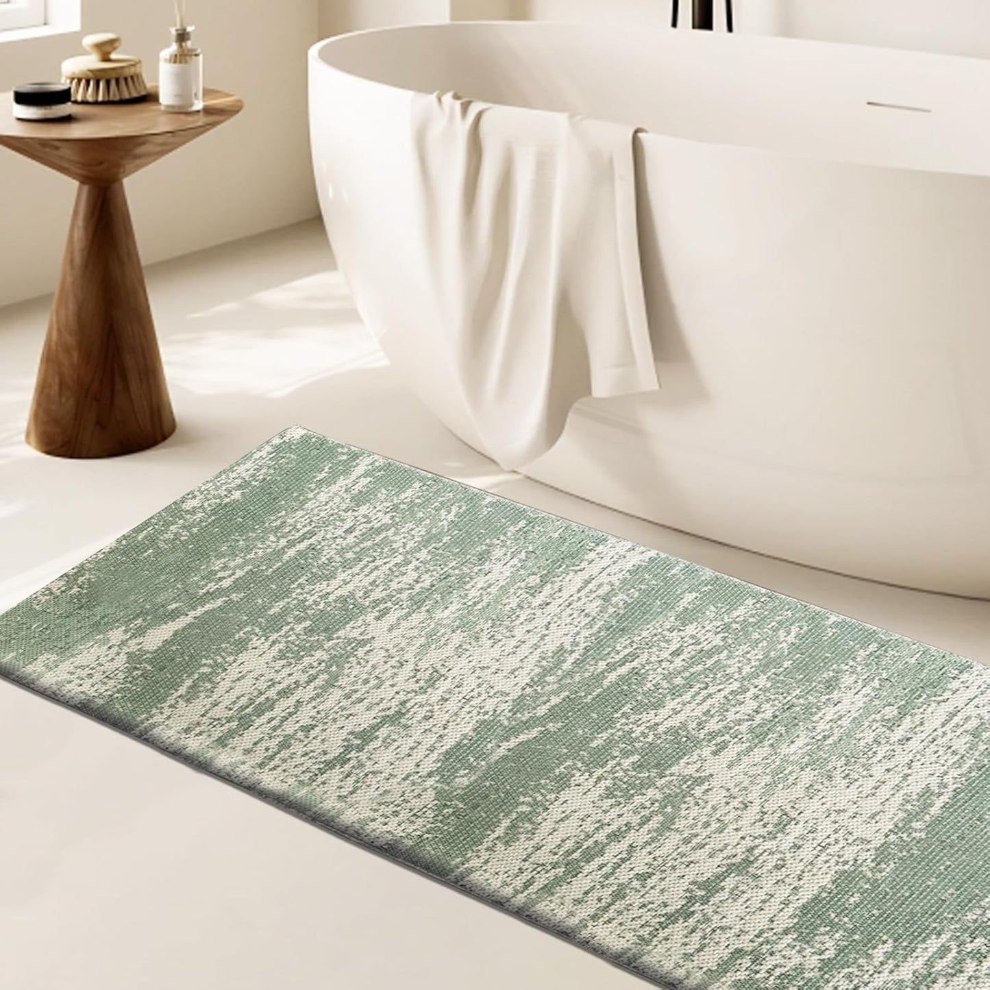 HDFK Graffiti Bath Mat | Non Slip Water Absorbent Quick Dry Woven Floor Mats | Thin Machine Washable Modern Shower Rug | Low Pile Profile Fit Under Door Vanity Bathroom Rugs | 30x20 Inch Sage Green