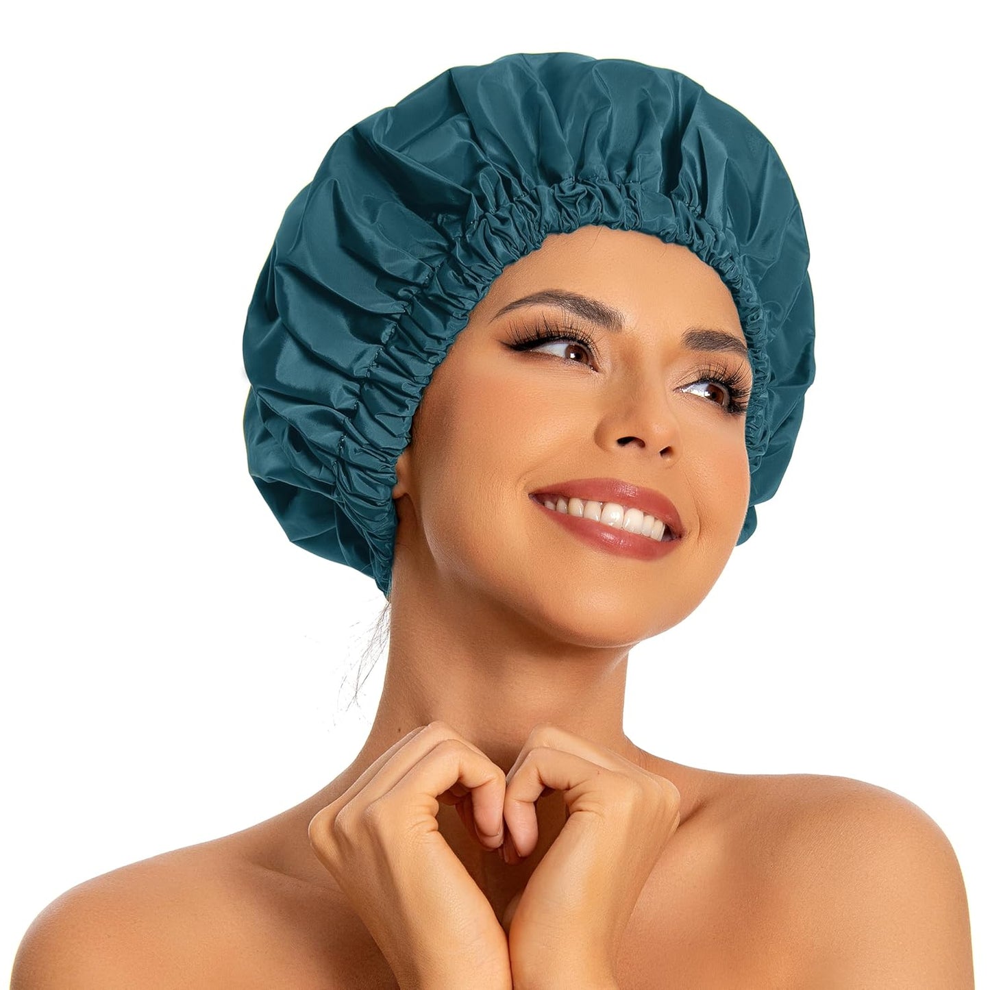 Reusable Shower Cap for Women, Large Waterproof Shower Essentials Bonnet Washable Elastic Band Bath Hair Wrap Hat for Long Hair, Braids(Blue Zircon)