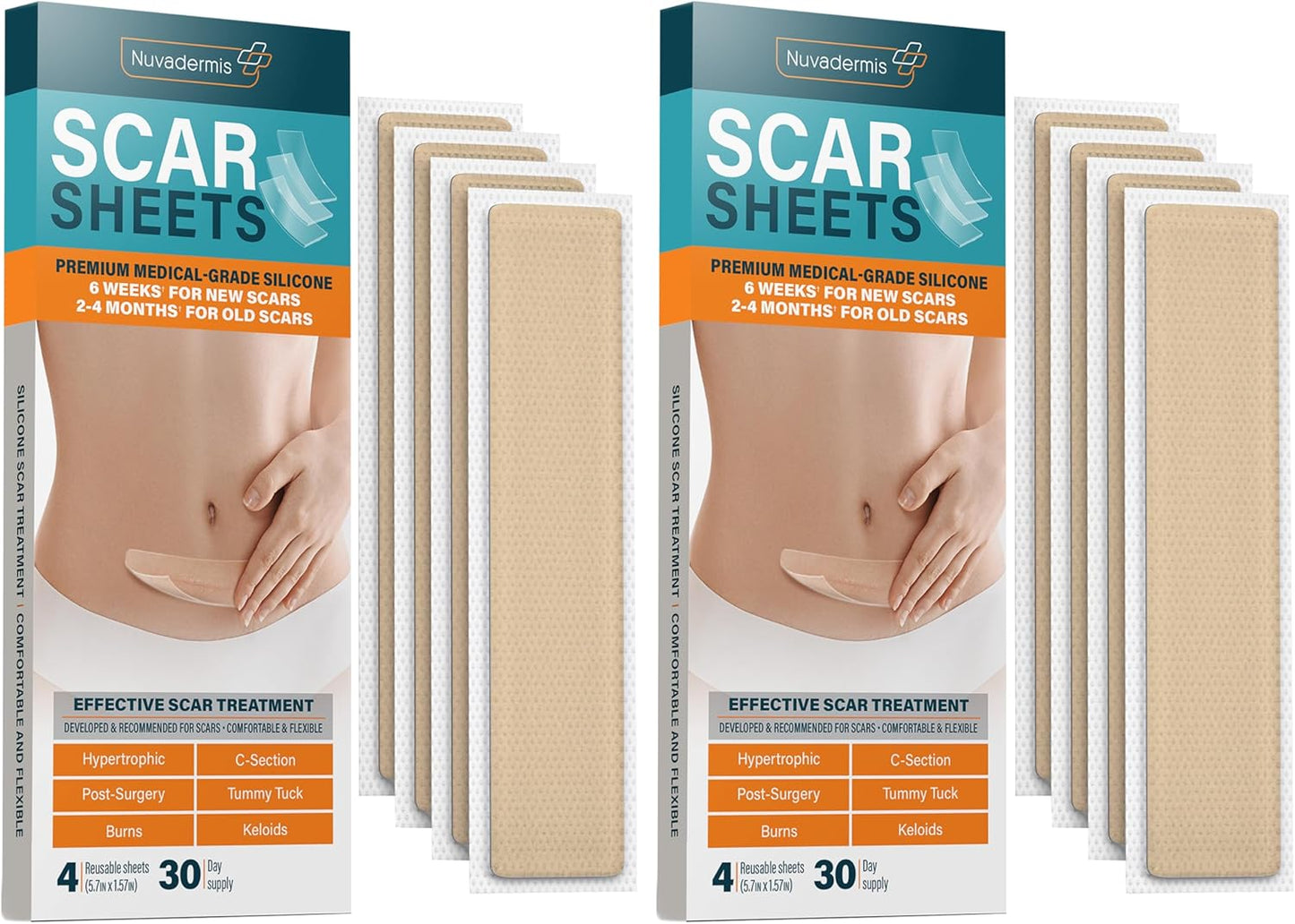 NUVADERMIS Silicone Scar Sheets – Extra Long Medical-Grade Scar Sheets for C-Section, Tummy Tuck, Keloid, and Surgical Scars – Reusable and Effective – 2 Packs of 4-8 Total Sheets