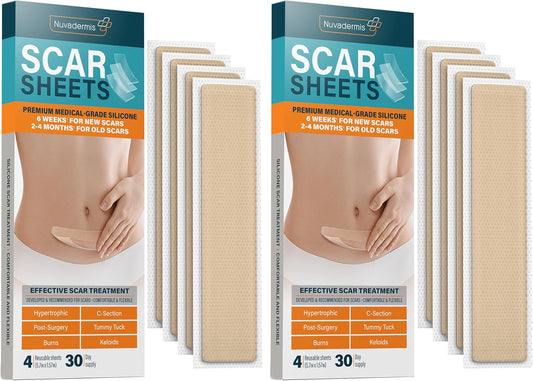 NUVADERMIS Silicone Scar Sheets – Extra Long Medical-Grade Scar Sheets for C-Section, Tummy Tuck, Keloid, and Surgical Scars – Reusable and Effective – 2 Packs of 4-8 Total Sheets