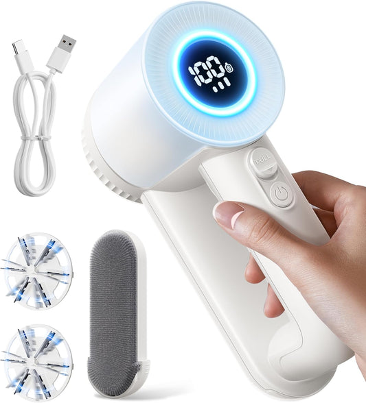 Rechargeable Fabric Shaver, Lint Remover for Clothes, Lint Shaver 6-Leaf Blades, 3-Speeds Lint Shaver with LED Display for Effortless Fuzz & Pill Removal for Clothes, Sweaters, Furniture, White