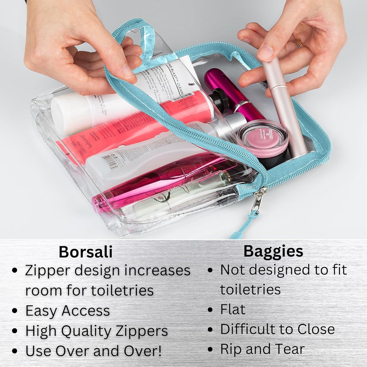 BORSALI TSA-Approved Quart-Sized Bag for Carry-On Travel - One (1) Quart Clear Toiletries, Cosmetic and 3-1-1 Liquids Toiletry Bag - Light Blue