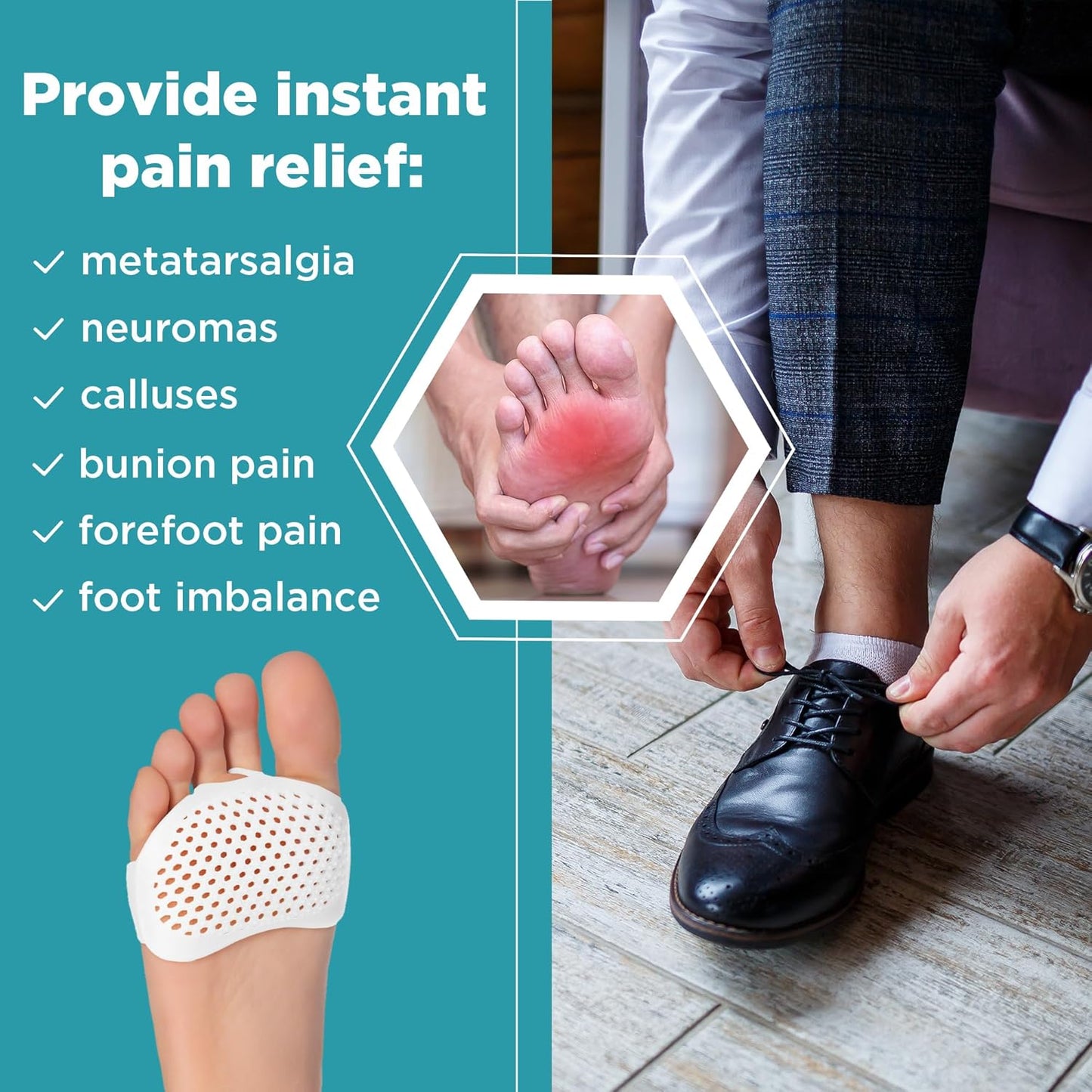 Homergy Metatarsal Foot Pads - Soft Gel Ball of Foot Cushions for Pain Relief, Ultra-Thin Sleeve Design, Stays in Place, Breathable & Reusable - Fits Heels, Flats, Sneakers (4 Pads / 2 Pairs)