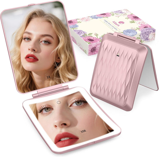 1X/10X Magnifying Makeup Mirror with 3 Colored Lights and Touch Control, 2700mAh Rechargeable LED Vanity Mirror for Home, Bathroom and Travel (Rose Pink, with LED Lights)