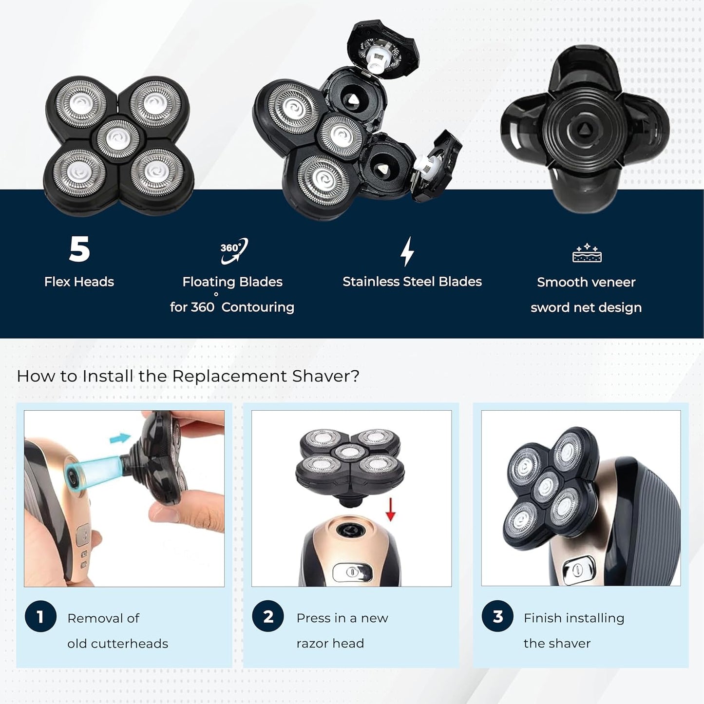 2 Pack Shaver Replacement Blades Compatible with Freedom Head Electric Razor Shaving, 5 Blades Shaver Replacement Heads for Head Shavers for Bald Men, Replacement Blades for Head Shaver Kit, 2 Brush