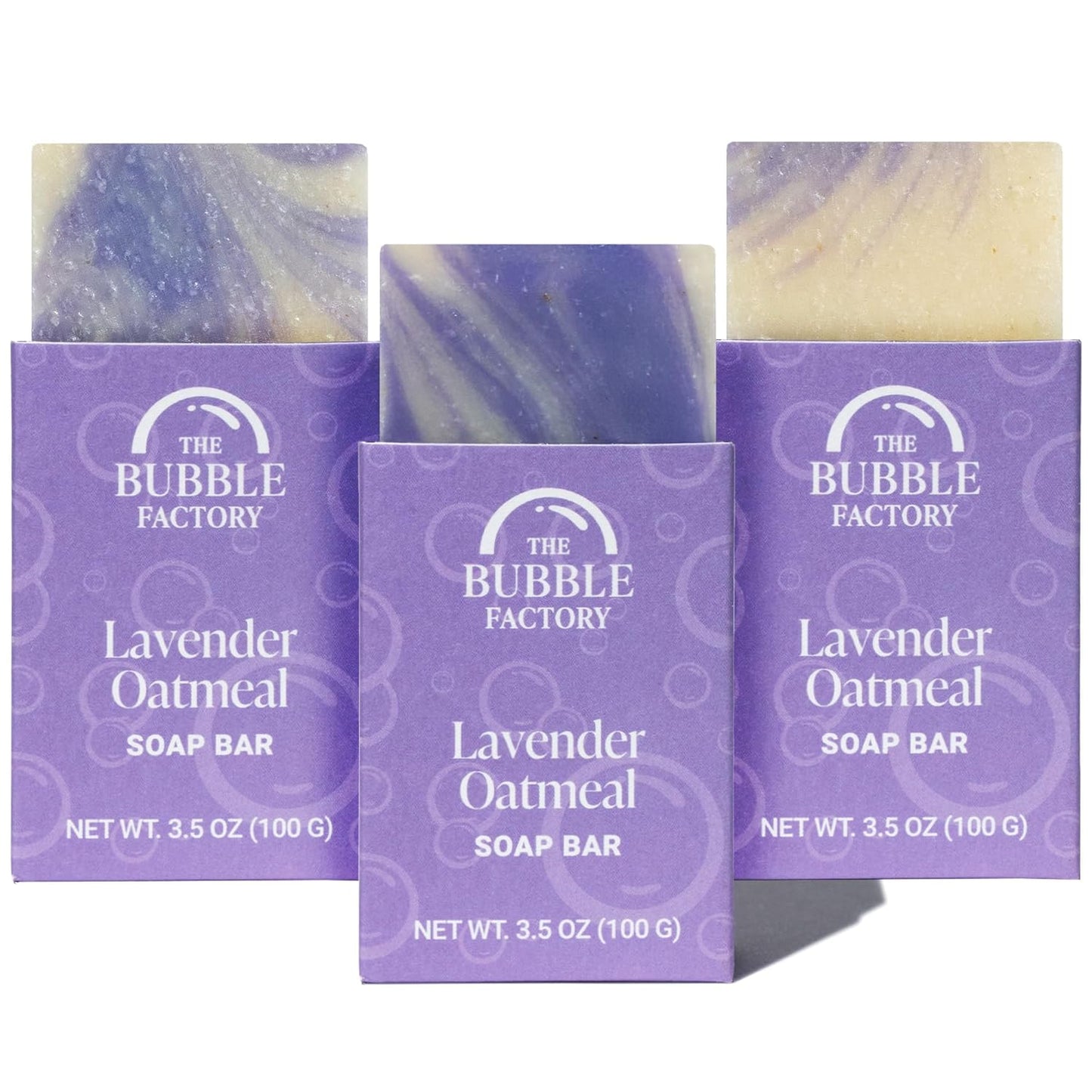 The Bubble Factory Handmade Natural Bath & Body Soap Bar, Vegan, All-Natural, Palm Oil Free, Made in USA with Shea Butter + Essential Oils, Lavender Oatmeal, 3 Bars