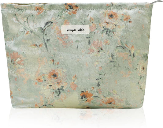 Wudygirl Aesthetic Makeup Bag Large Capacity Cosmetic Bag Canvas Makeup Pouch Toiletry Bag for Women and Girls Travel Floral Make up Bag Makeup Organizer with Zipper (Oli Rose)