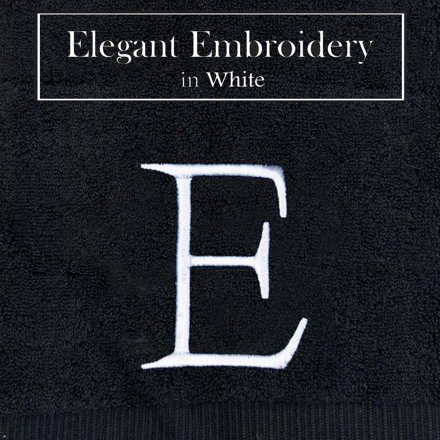 Black Monogram Hand Towel for Bathroom - Monogrammed Initial Hotel Quality Decorative Embroidered Luxury Towel for Powder Room, Spa - GOTS Organic Certified - Pack of 2 - Letter E