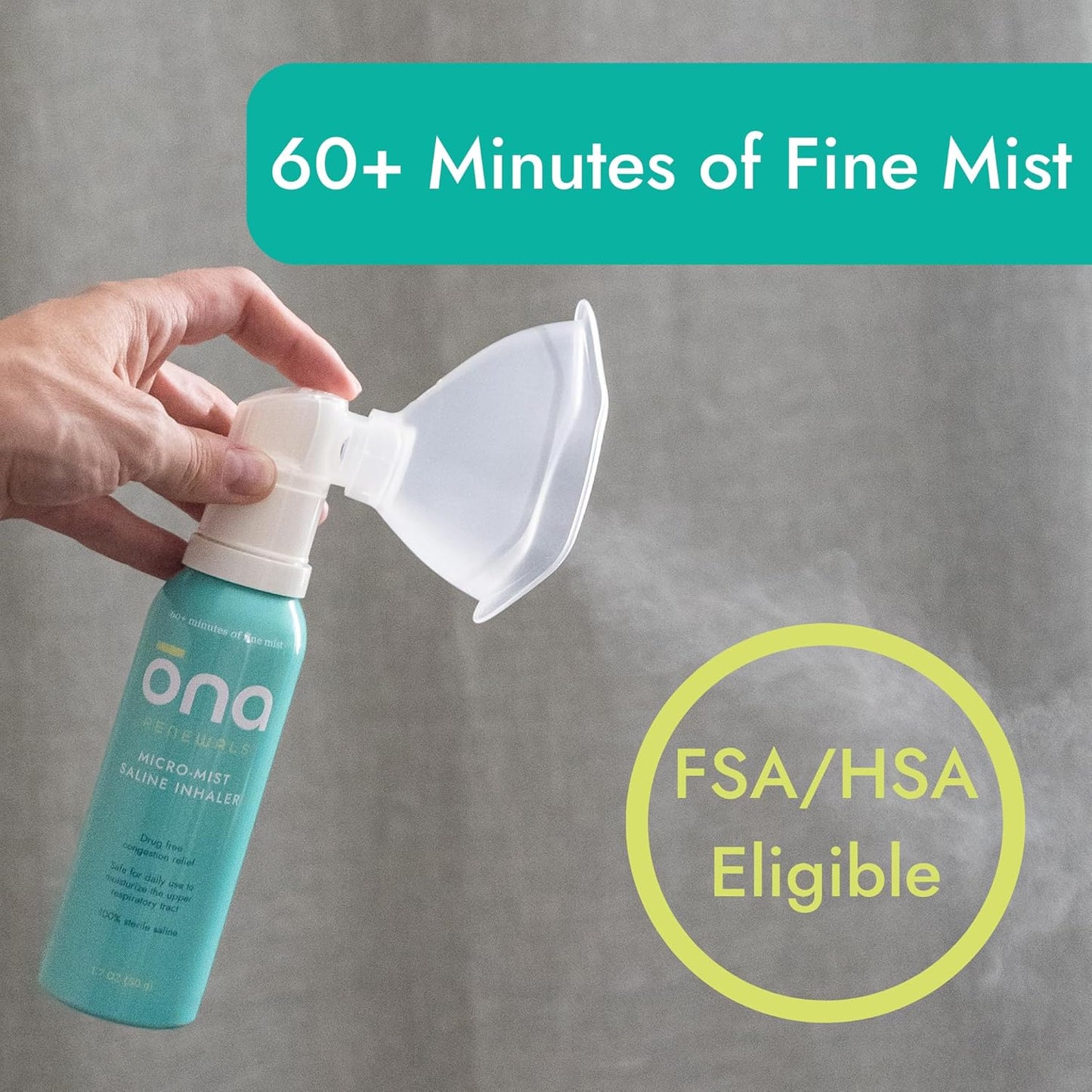 ONA Renewals Saline Micro-Mist Nasal Inhaler, Congestion Relief for Adults, Cold and Flu, Allergy, Sinus Relief, Unscented, 1.7oz
