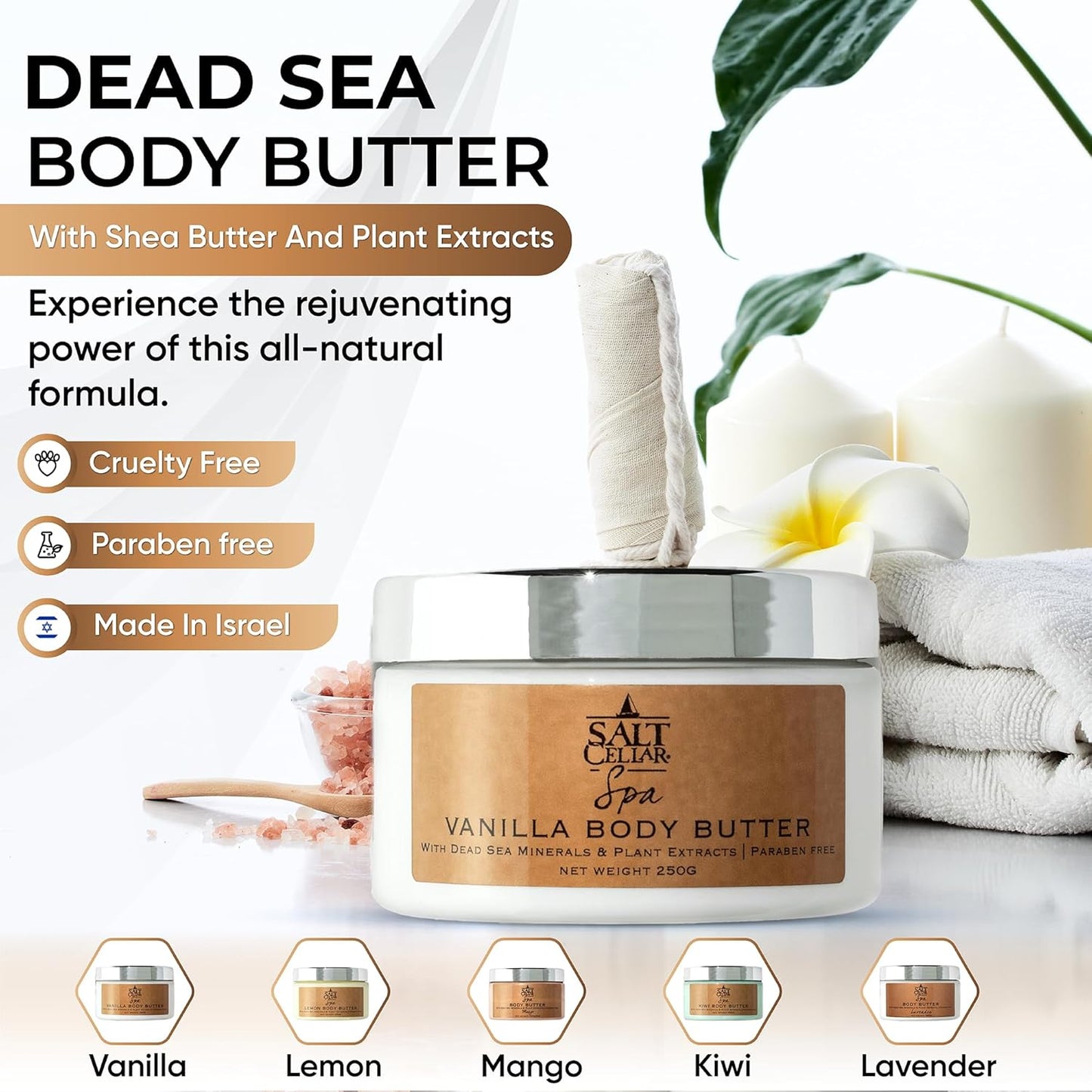 Salt Cellar Spa Kiwi Body Butter for Women, Made with Dead Sea Minerals, Shea Butter and Plant Extracts, Luxurious Skin Rejuvenation and Moisturization, Made in Israel, Cruelty-Free, Paraben Free