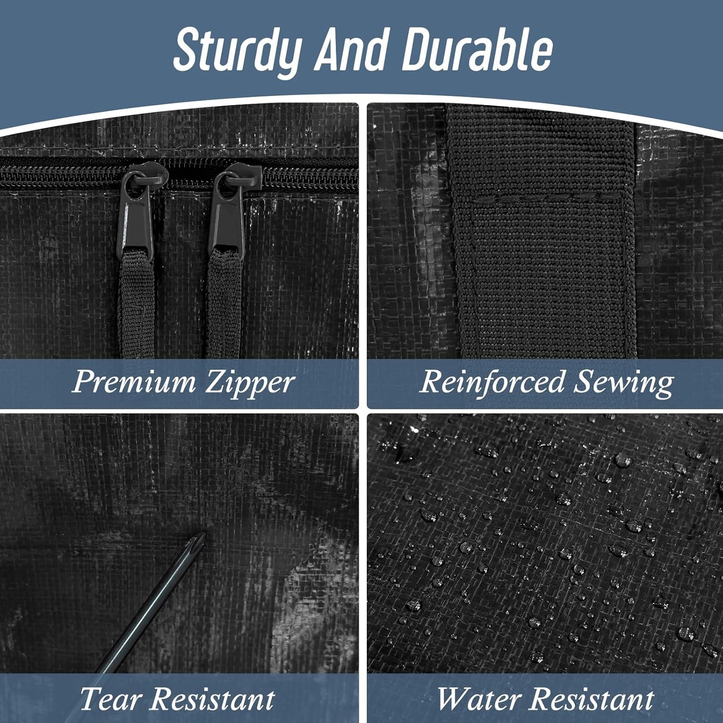 12 Pack Extra Heavy Duty Large Moving Bags with Strong Zipper & Comfortable Handles, Sturdy & Durable Clothes Storage Bags Totes Bins, Packing Moving Boxes for College Supplies, Black