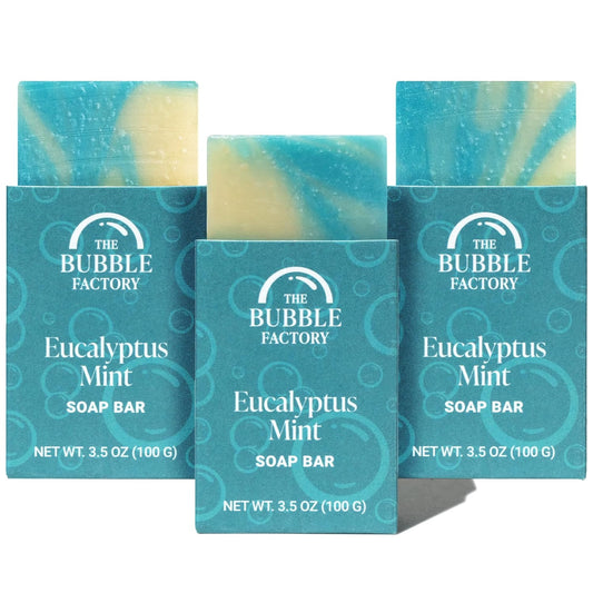 The Bubble Factory Handmade Soap, All Natural Soap for Women & Men, Hand, Bath & Body Natural Bar Soap, Vegan, Palm Oil Free, Made in USA with Shea Butter + Essential Oils, Eucalyptus Mint, 3 Bars