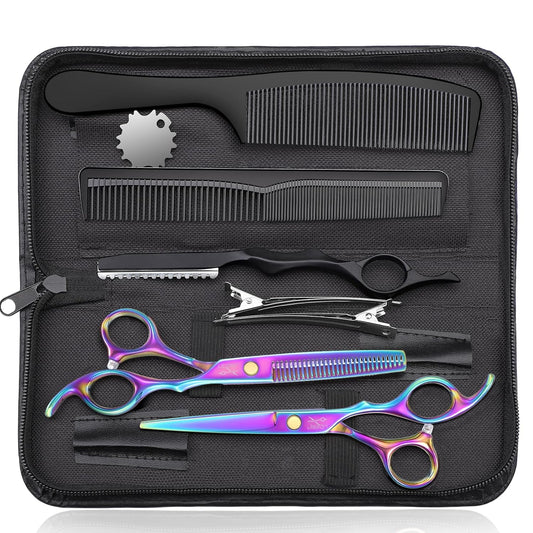 JASON Professional 10-Piece Haircut Scissors Kit - Texturizing Scissors with 30 Teeth, Straight Shears for Barber, Hairdresser, Men, Women, Stylist (6.7", Rainbow)