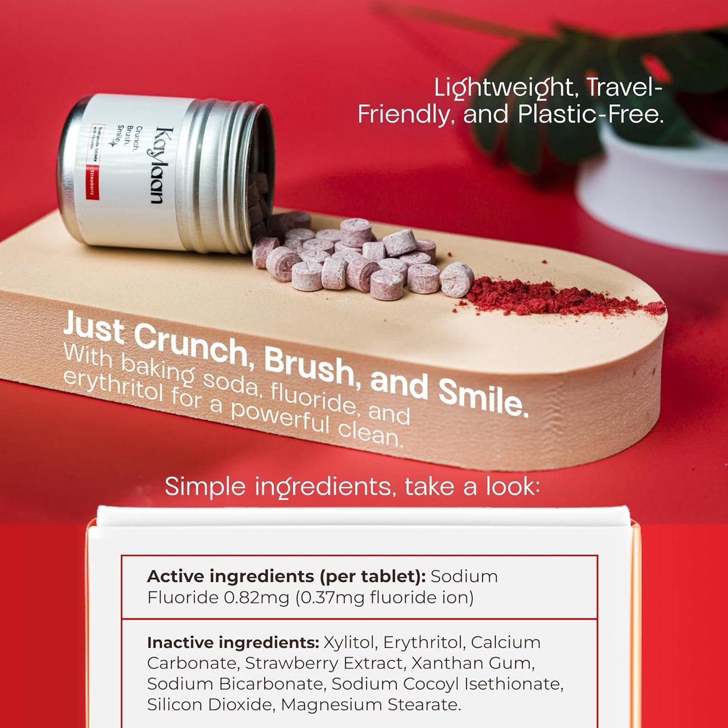 Kalyaan Kids Toothpaste Tablets with Fluoride | Whitening, Sensitivity Relief & Cavity Protection | Chewable, Plastic-Free, Travel-Friendly - Strawberry, 90 Count, Made in USA