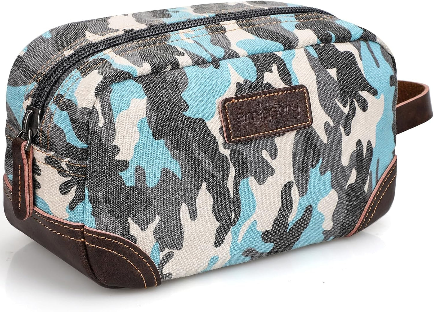 emissary Men's Toiletry Bag, Leather and Canvas Travel Toiletry Bag, Dopp Kit for Men,Bathroom Bag Men's Shaving Kit, Travel Kit Small Bags for Men, Shaving Bag for Travel (Camo-Blue)