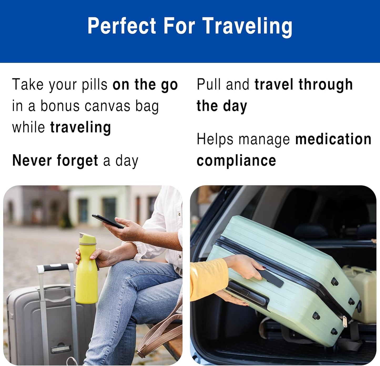 31-Day Low Profile Pill Organizer with Travel Pouch & Tweezers – Monthly Medication Management System with Daily Labeled Pill Boxes for Home & Travel Use