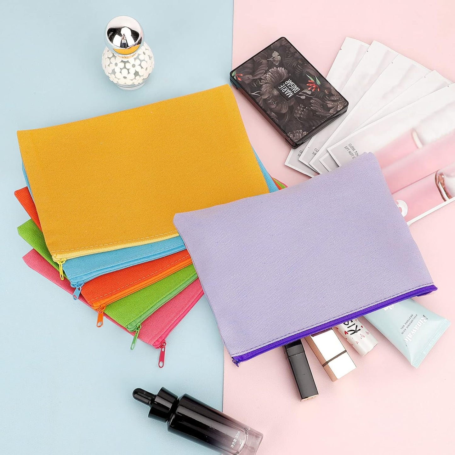 12 Pieces Cotton Canvas Makeup Bag, Multipurpose Cosmetic Bag with Zipper Travel Toiletry Pouch, Blank DIY Craft Bag (Multicolored B, L)