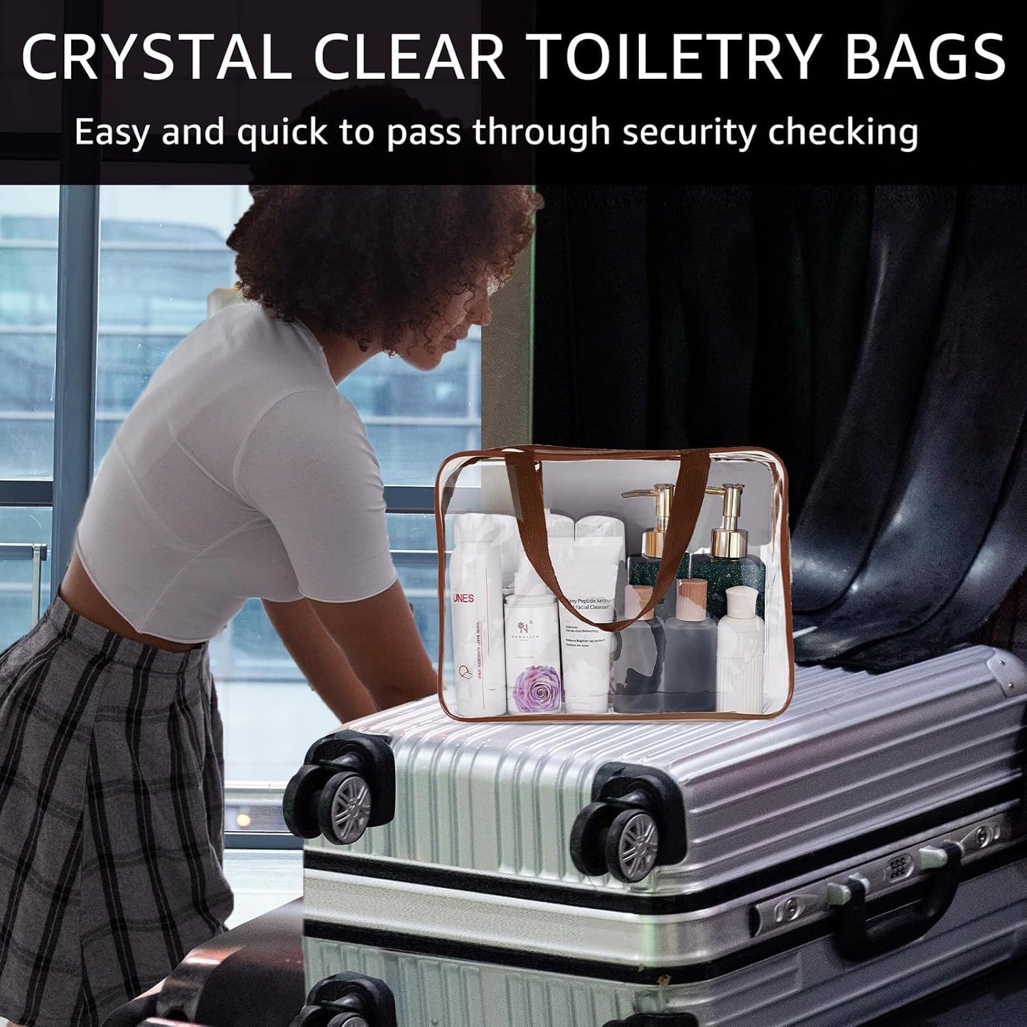 2Pcs Crystal Clear PVC Travel Toiletry Bag Kit for Women Men, Waterproof Vinyl Packing Organizer Storage Bags with Zipper Handle Straps, Cosmetic Pouch Carry on Airport Airline Compliant Bag Handbag