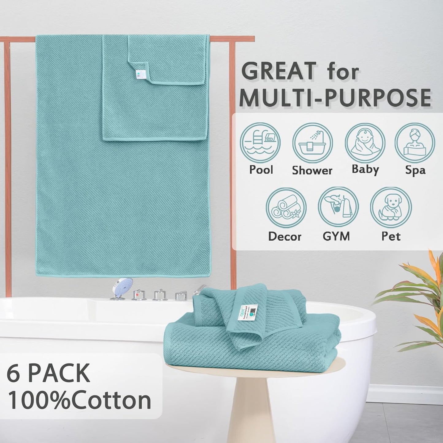 Towels for Bathroom - 100% Cotton | Lightweight | Thick | Soft, Quick Dry Towels, Bath Towel Set of 6 Large, 2 Bath 30"x56", 2 Hand 18"x28", 2 Washcloths 13"x13", Luxury Shower Towel Set, Aqua Teal