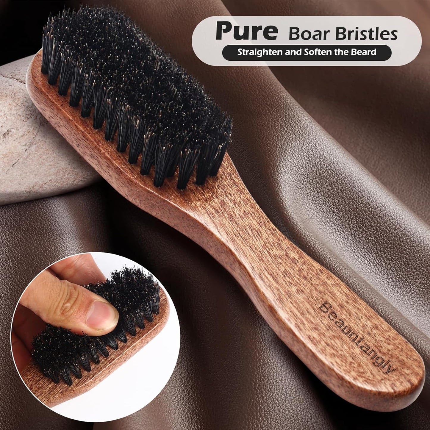 Beard Brush, 100% Real Wild Boar Bristle Walnut Wood Beard & Mustache Comb Brush for Men’s Beard Grooming and Care, Gift for Men to Straighten and Promote Beard Growth