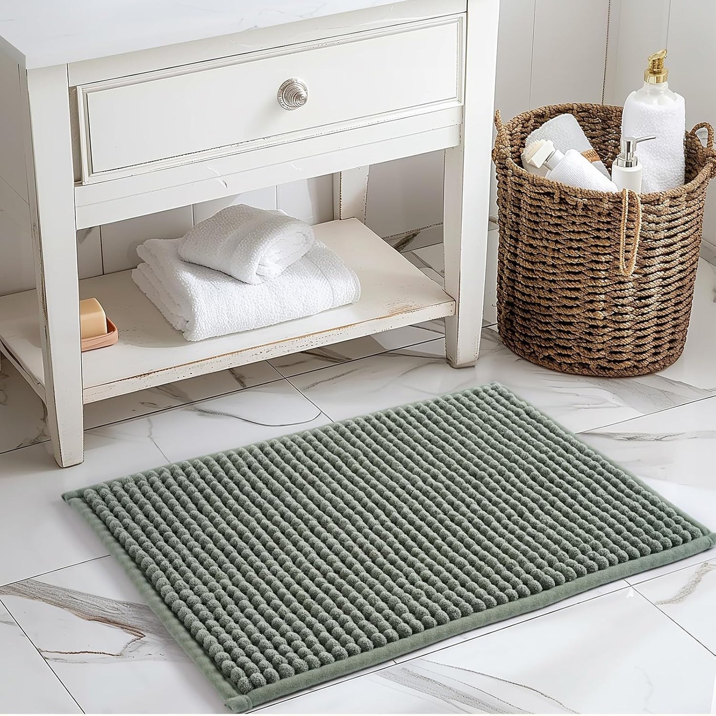 FRESHMINT Thick Chunky Chenille Bathroom Rug, 17"x24", Non Slip Bath Mat, Soft Bathroom Decor, Cute Shower Mat, Water Absorbent, Washable, Sage Green