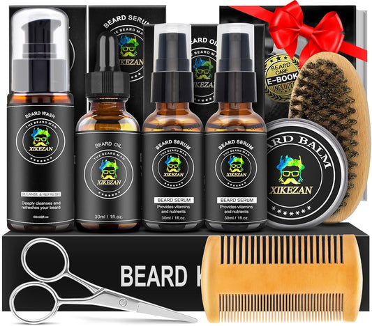 XIKEZAN Beard Kit for Men Grooming & Care Set w/2 Pack Beard Serum, Wash, Oil, Balm, Comb, Brush, Scissor, Bag, EBook, Unique Birthday Gifts for Men Him Dad Husband Brother Christmas Stocking Stuffers